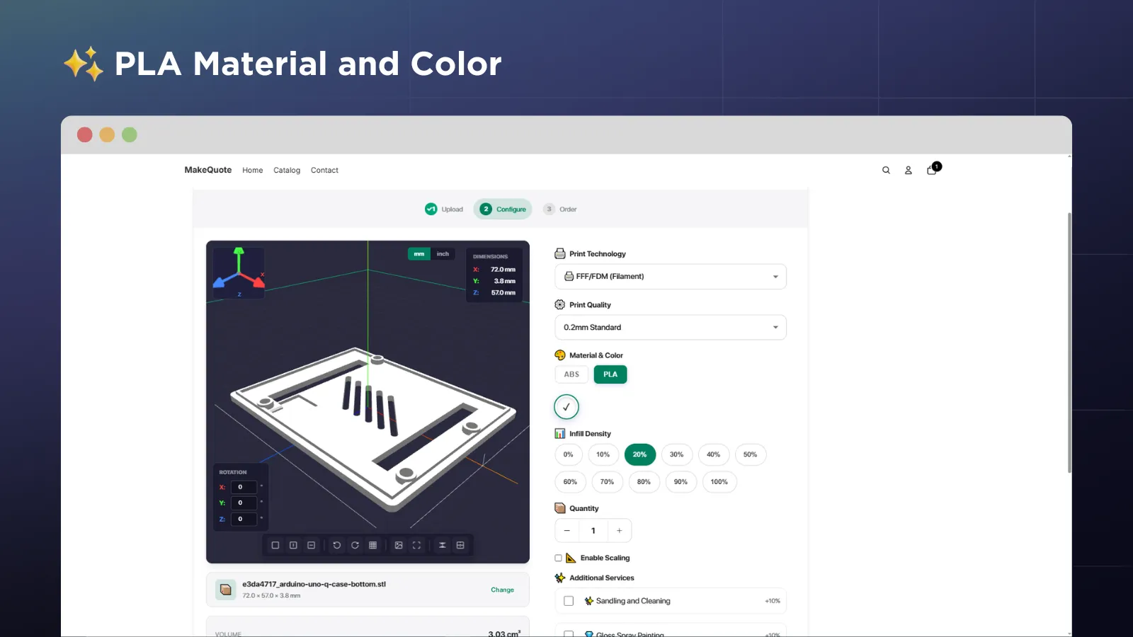 MakeQuote PLA Material Selection — Color picker and material options